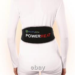 Ceinture chauffante portable HealthyLine avec coussin chauffant infrarouge en pierres précieuses pour soulager les douleurs dorsales.
